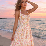 Pink Floral Print Halter Neck Corset Midi Dress