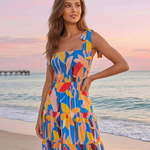 Blue Abstract Floral Print Tiered Midi Dress