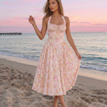 Pink Floral Print Halter Neck Corset Midi Dress