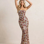 Floral Sequin Embellished Spaghetti Strap High Waist Bodycon Maxi Dress