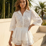 White Textured Shirt And Ruffle Shorts Two Piece Set
