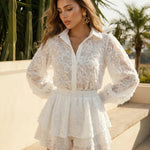 White Textured Shirt And Ruffle Shorts Two Piece Set