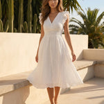 White Eyelet Embroidery Ruffle Sleeve Midi Dress