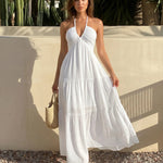 White Halter Neck Tiered Backless Maxi Dress
