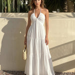 White Halter Neck Tiered Backless Maxi Dress