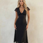 Black Polka Dot Short Sleeve V Neck Midi Dress