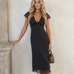 Black Polka Dot Short Sleeve V Neck Midi Dress