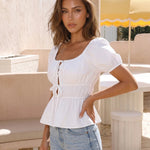 White Square Neck Puff Sleeve Tie-Front Peplum Blouse