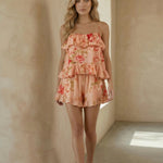 Pink Floral Print Ruffle Cami Top And Shorts Two Piece Set