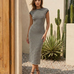 Black Striped Knit Bodycon Midi Dress