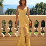 Yellow Mesh Ruffle High Slit Maxi Dress