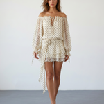 Beige Off Shoulder Chiffon Polka Dot Relaxed Fit Mini Dress