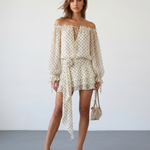 Beige Off Shoulder Chiffon Polka Dot Relaxed Fit Mini Dress