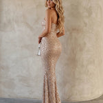 Nude Rhinestone Mesh Strapless Mermaid Maxi Dress