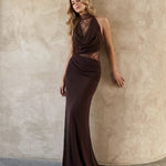 Brown Lace Halter Neck Bodycon Mermaid Maxi Dress