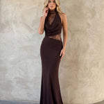Brown Lace Halter Neck Bodycon Mermaid Maxi Dress