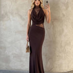 Brown Lace Halter Neck Bodycon Mermaid Maxi Dress