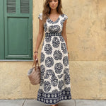 Blue Floral Print V-Neck Ruffle Sleeve Tiered Maxi Dress