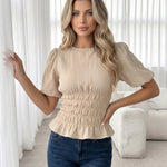 Beige Textured Puff Sleeve Peplum Blouse