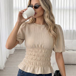 Beige Textured Puff Sleeve Peplum Blouse