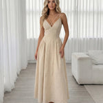 Beige Cross Strap V Neck Maxi Dress