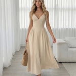 Beige Cross Strap V Neck Maxi Dress