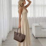 Beige Cross Strap V Neck Maxi Dress