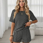 Black White Casual Ribbed Knit Relaxed Fit Short Set