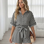Black Striped Belted Romper