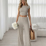 Beige Striped Drawstring Crop Top and Wide Leg Pants Two Piece Set