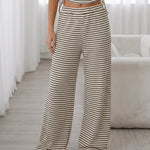 Beige Striped Drawstring Crop Top and Wide Leg Pants Two Piece Set