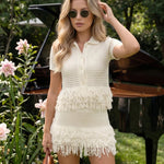 Cream White Crochet Fringe Polo Top Skirt Set