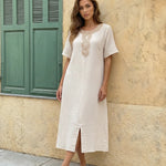 Beige Cotton Embroidery Neckline Midi Dress