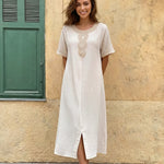 Beige Cotton Embroidery Neckline Midi Dress