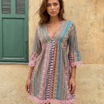 Bohemian Print V Neck Half Sleeve Lace Trim Mini Dress