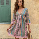 Bohemian Print V Neck Half Sleeve Lace Trim Mini Dress