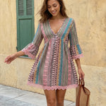 Bohemian Print V Neck Half Sleeve Lace Trim Mini Dress