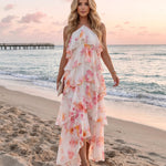 White Floral Vacation Tiered Ruffled Relaxed Maxi Dress