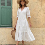White Eyelet Embroidery V-Neck Tiered Midi Dress