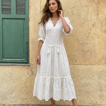 White Eyelet Embroidery V-Neck Tiered Midi Dress