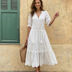 White Eyelet Embroidery V-Neck Tiered Midi Dress