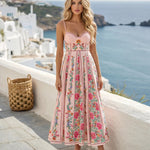 Pink Floral Print Spaghetti Strap Midi Dress