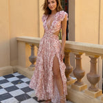Pink Floral Ruffle Sleeve Cutout Maxi Dress