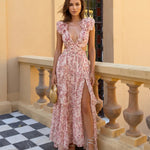 Pink Floral Ruffle Sleeve Cutout Maxi Dress