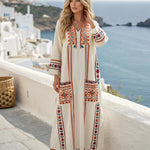Beige Boho Ethnic Embroidered Cotton Loose Fit Maxi Dress