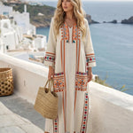 Beige Boho Ethnic Embroidered Cotton Loose Fit Maxi Dress