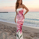 White Floral Print Strapless Maxi Dress