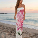 White Floral Print Strapless Maxi Dress