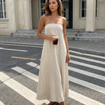 Beige Minimalist Breathable Linen Blend Loose Fit Maxi Dress