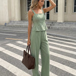 Sage Green Linen Blend Slim Fit Crop Top Wide Leg Pants Set